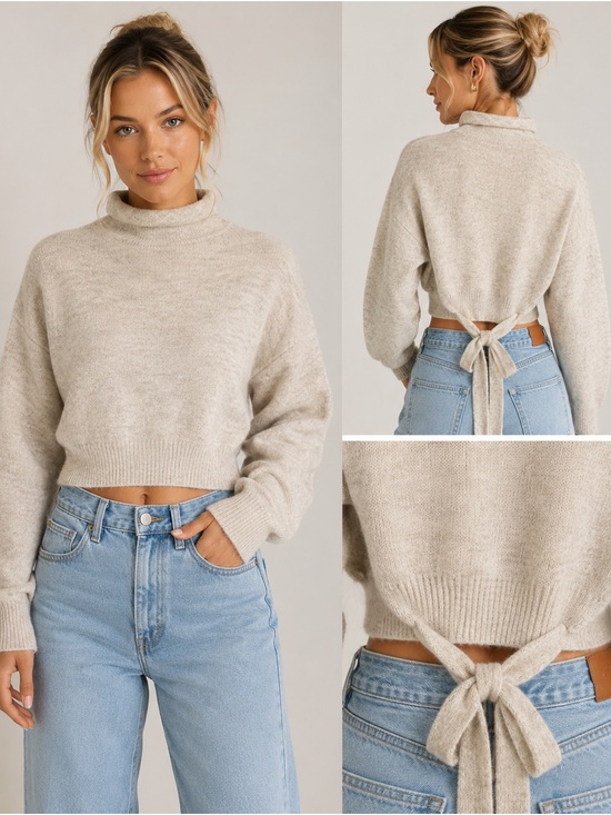 Wilfred Sweaters - Wilfred XXS Alpaca Blend Tie Back Cropped Mock Neck Sweater Beige